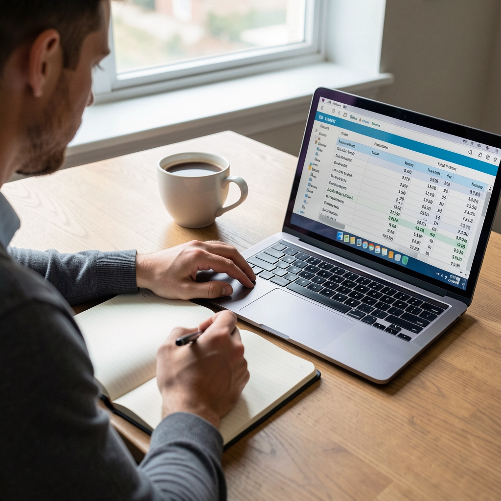 Persona escribiendo en cuaderno junto a taza de café y computadora portátil mostrando planilla de balance contable