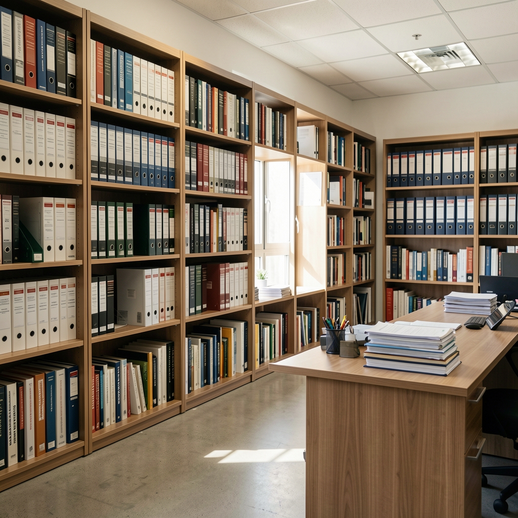 Interior de oficina profesional con estanterías de libros de contabilidad y ventanales luminosos en Buenos Aires