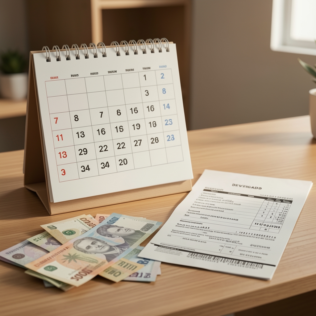 Calendario de escritorio junto a billetes de pesos argentinos y factura impresa representando devengado versus cobro efectivo