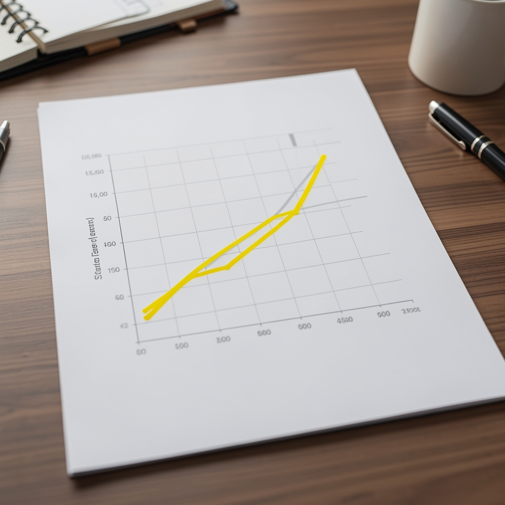 Gráfico de estado de resultados impreso con líneas de tendencia y resaltador amarillo sobre escritorio