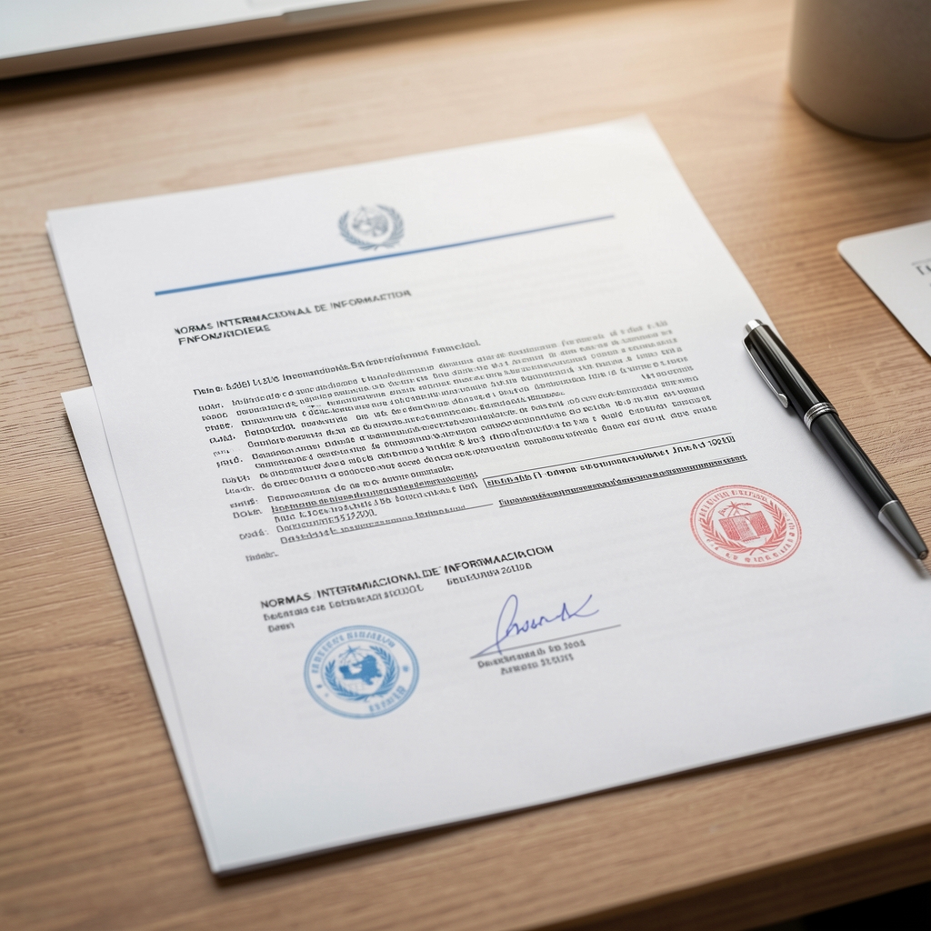 Documentos impresos de normas internacionales de información financiera con sello y bolígrafo sobre mesa