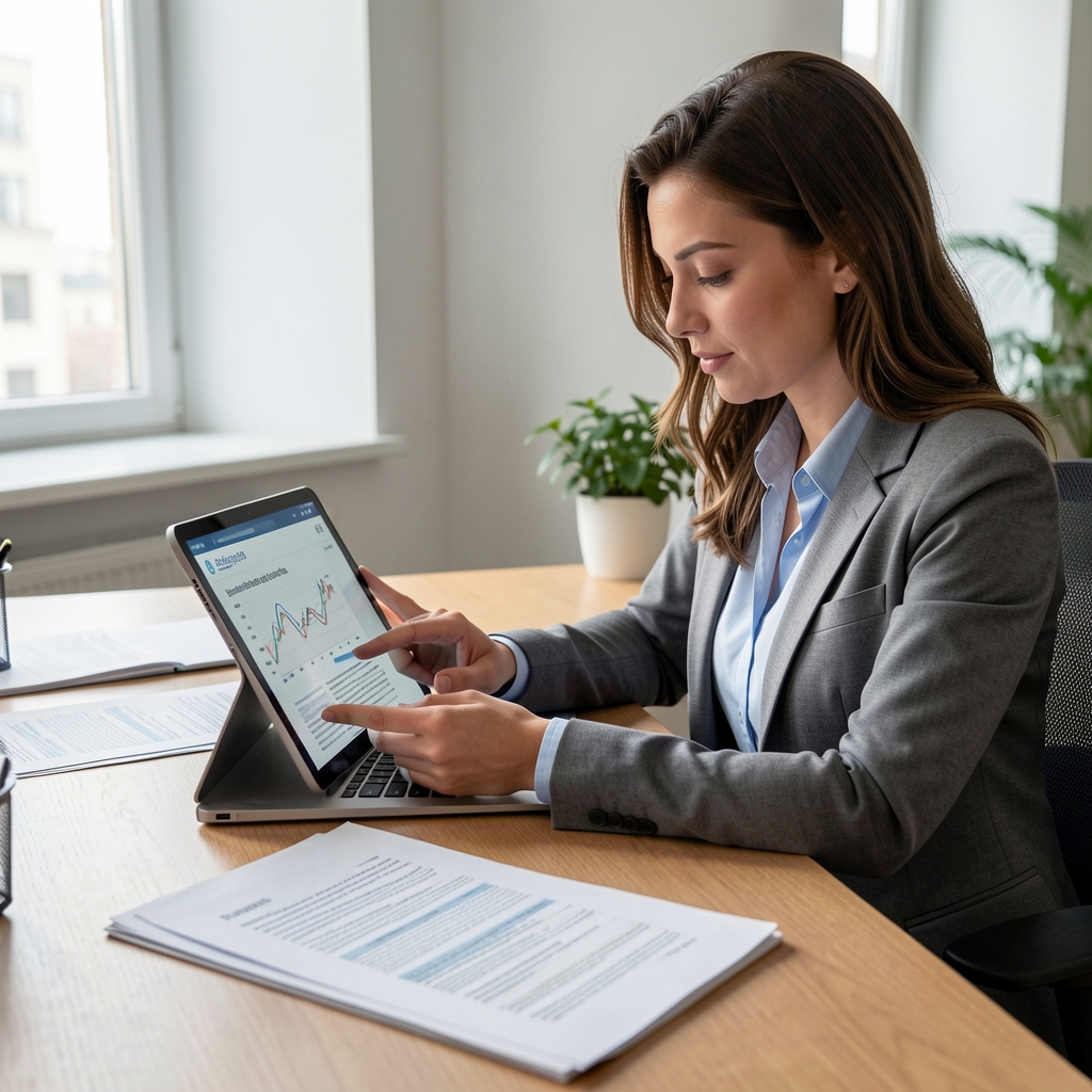 Persona leyendo artículo financiero en tablet digital sentada en escritorio con documentos impresos