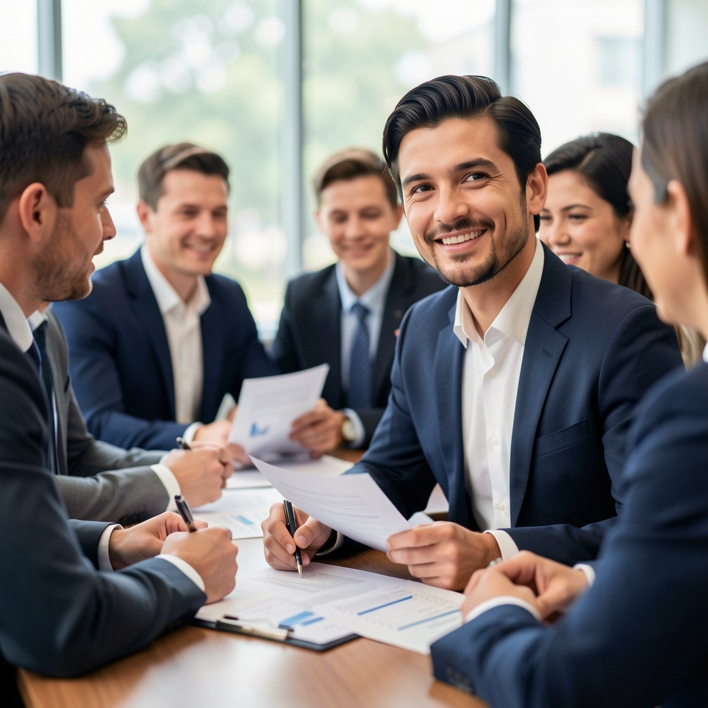 Equipo de profesionales contables reunidos alrededor de mesa de conferencias revisando documentos financieros