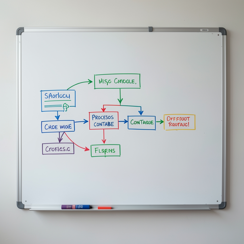 Pizarra blanca con diagrama de flujo de proceso contable dibujado con marcadores de colores