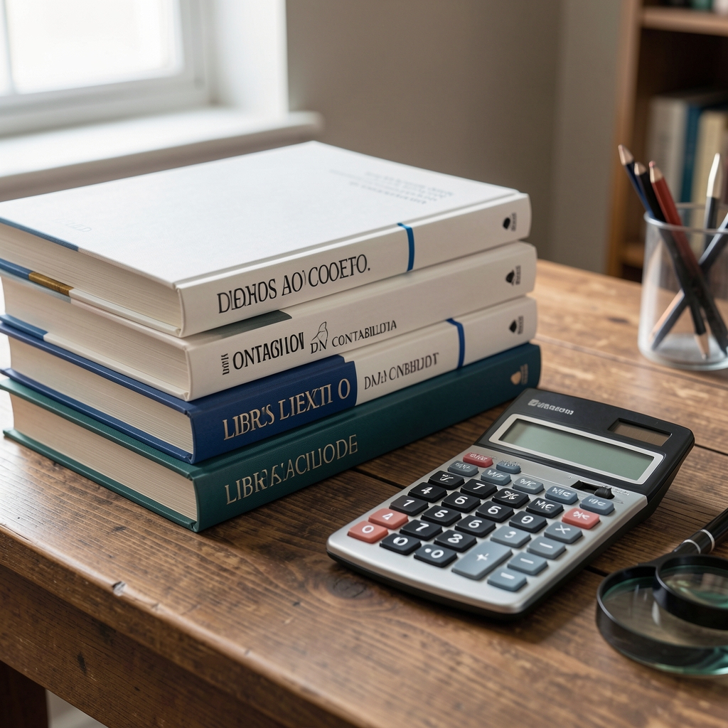 Libros de texto de contabilidad apilados junto a calculadora y lupa sobre escritorio de madera