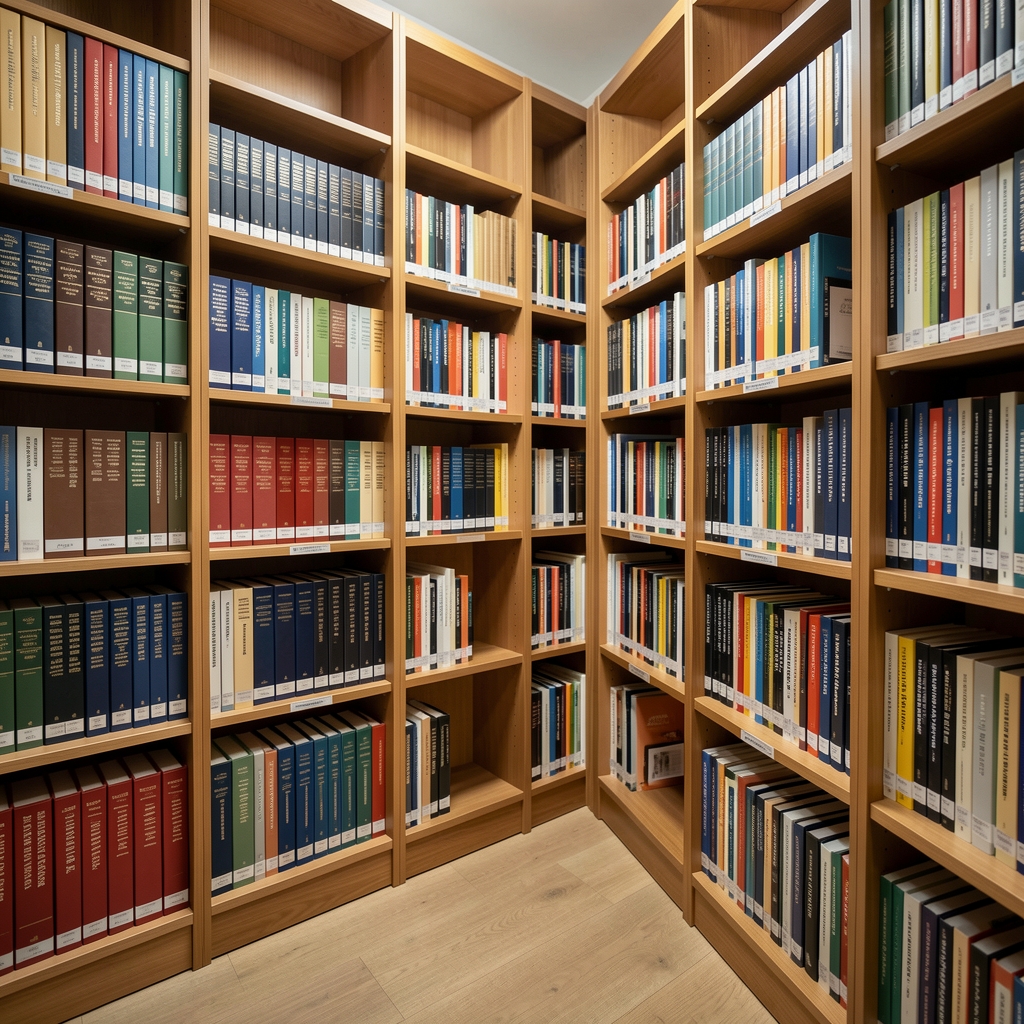 Biblioteca con estanterías llenas de libros técnicos de contabilidad y finanzas ordenados por categoría