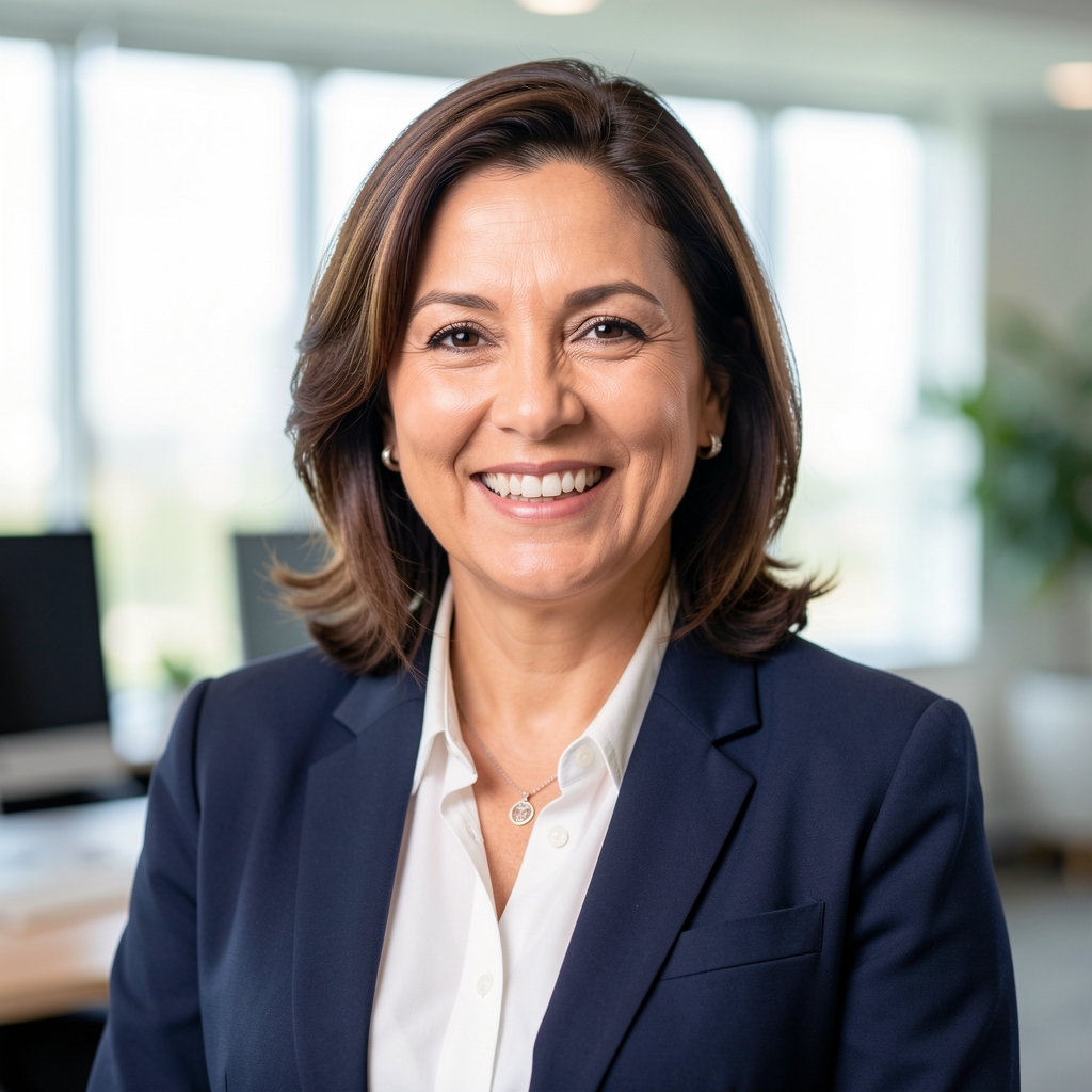 Retrato profesional de mujer contadora de mediana edad con traje formal sonriendo en oficina