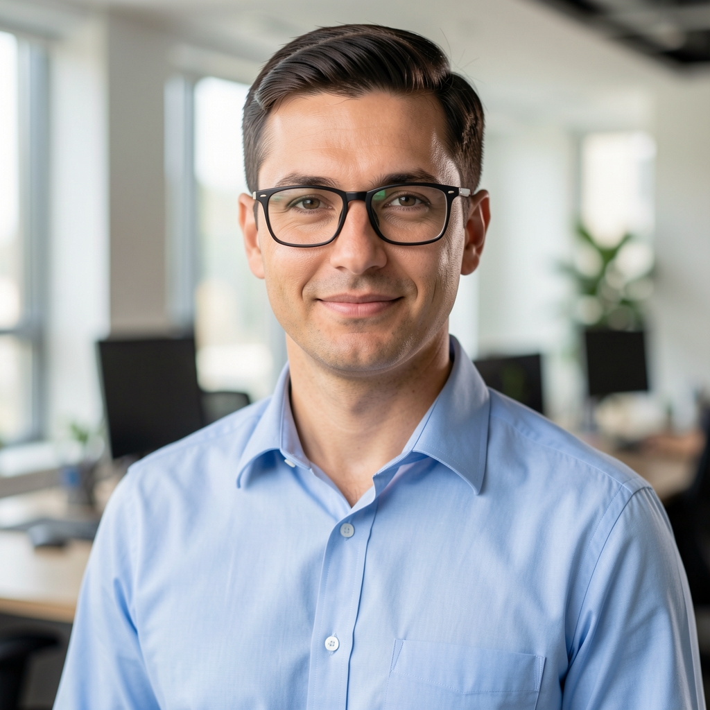 Retrato profesional de hombre analista financiero con camisa azul y anteojos en ambiente de oficina