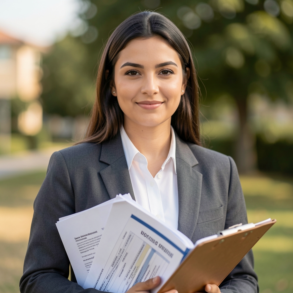 Retrato profesional de mujer joven especialista en normativa contable con carpeta de documentos
